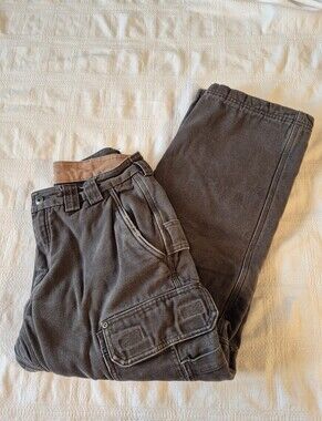 Duluth Trading Co men's 34 x 30 fleece lined work cargo pocket gray jeans GUC